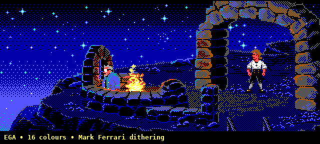 Animated comparison of the Monkey Island lookout scene in raw EGA (16 colours, Mark Ferrari dithering) crossfading to a simulated CRT rendition with phosphor bloom, scanlines, and colour bleed that gave the illusion of a far richer palette